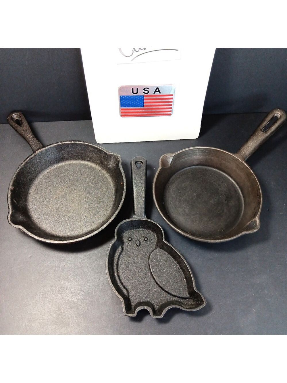 3 X Small Cast Iron Pans For Camping RV Travel Eggs Etc. Owl See Photos